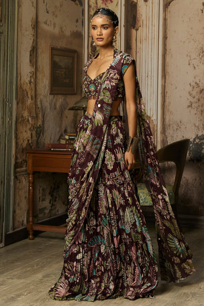 PLUM PRINT AND HIGHIGHTED TIERED SKIRT SAREE SET