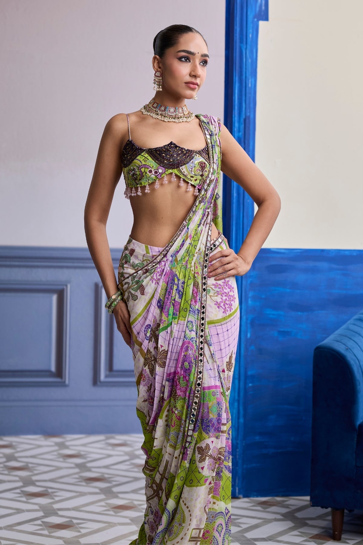 BUBBLEGUM MOSAIC SCALLOP BLOUSE WITH EMBROIDERY & DRAPED SAREE SKIRT SET