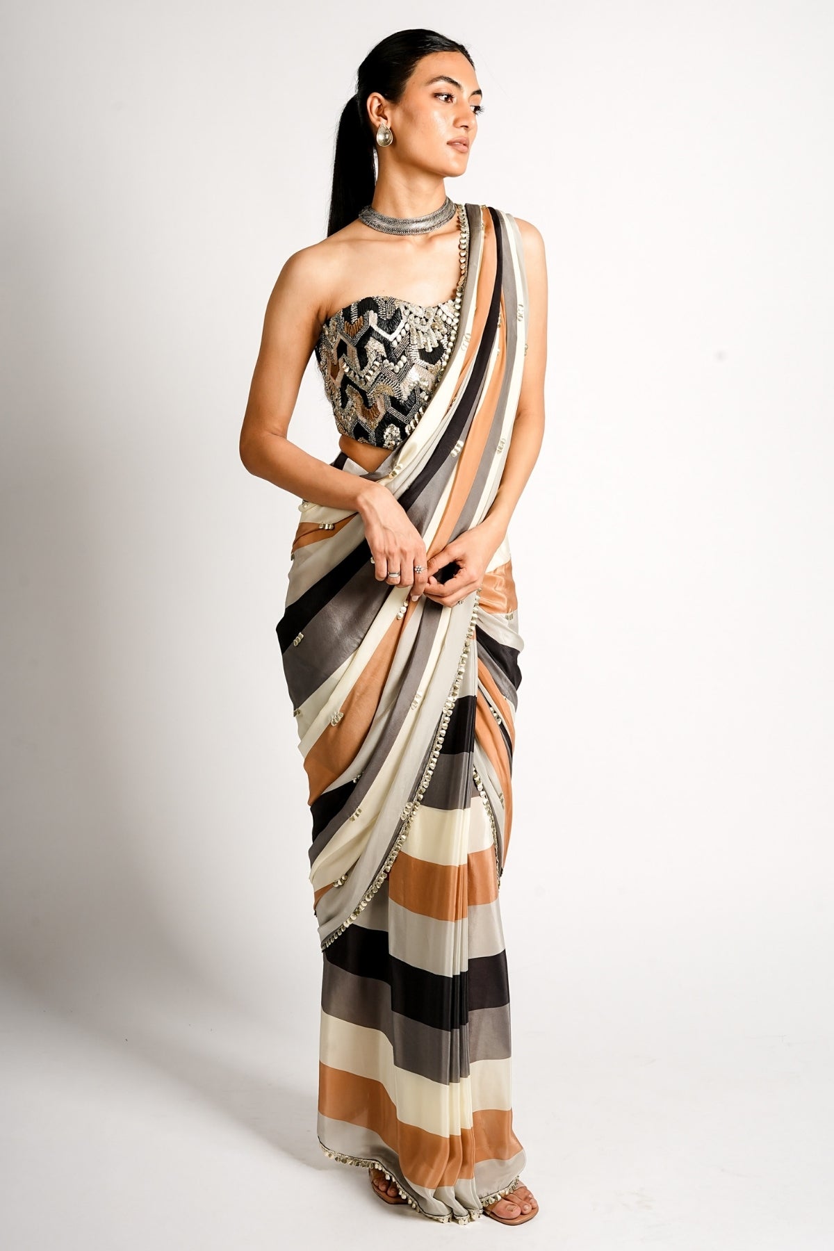 Aarza Striped Saree Set With Embellished Corset