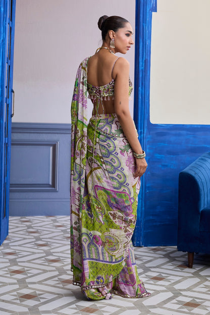 BUBBLEGUM MOSAIC SCALLOP BLOUSE WITH EMBROIDERY & DRAPED SAREE SKIRT SET