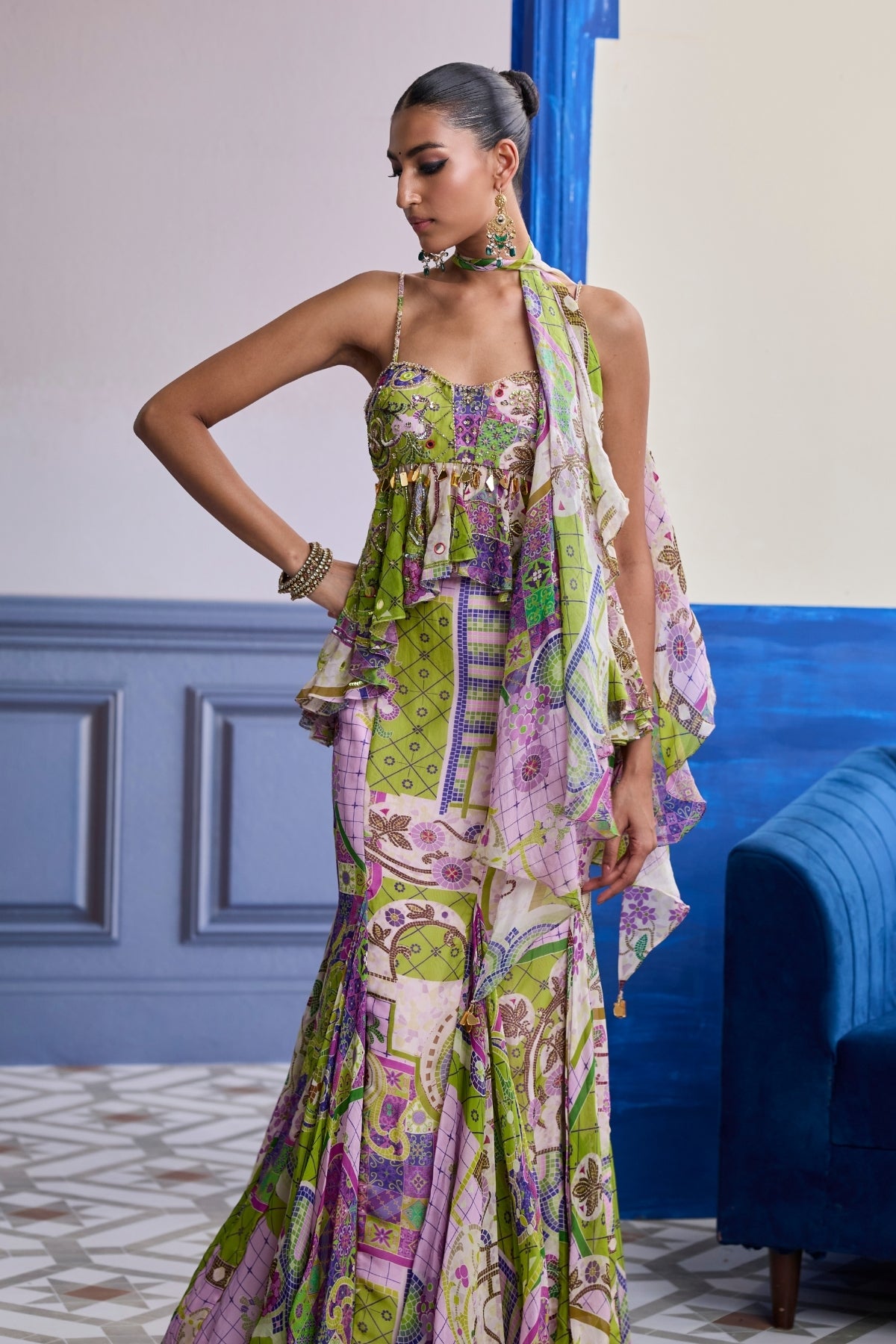 BUBBLEGUM MOSAIC PEPLUM WITH GODET MERMAID SKIRT & RUFFLE SCARF SET