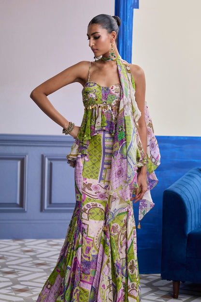 BUBBLEGUM MOSAIC PEPLUM WITH GODET MERMAID SKIRT & RUFFLE SCARF SET