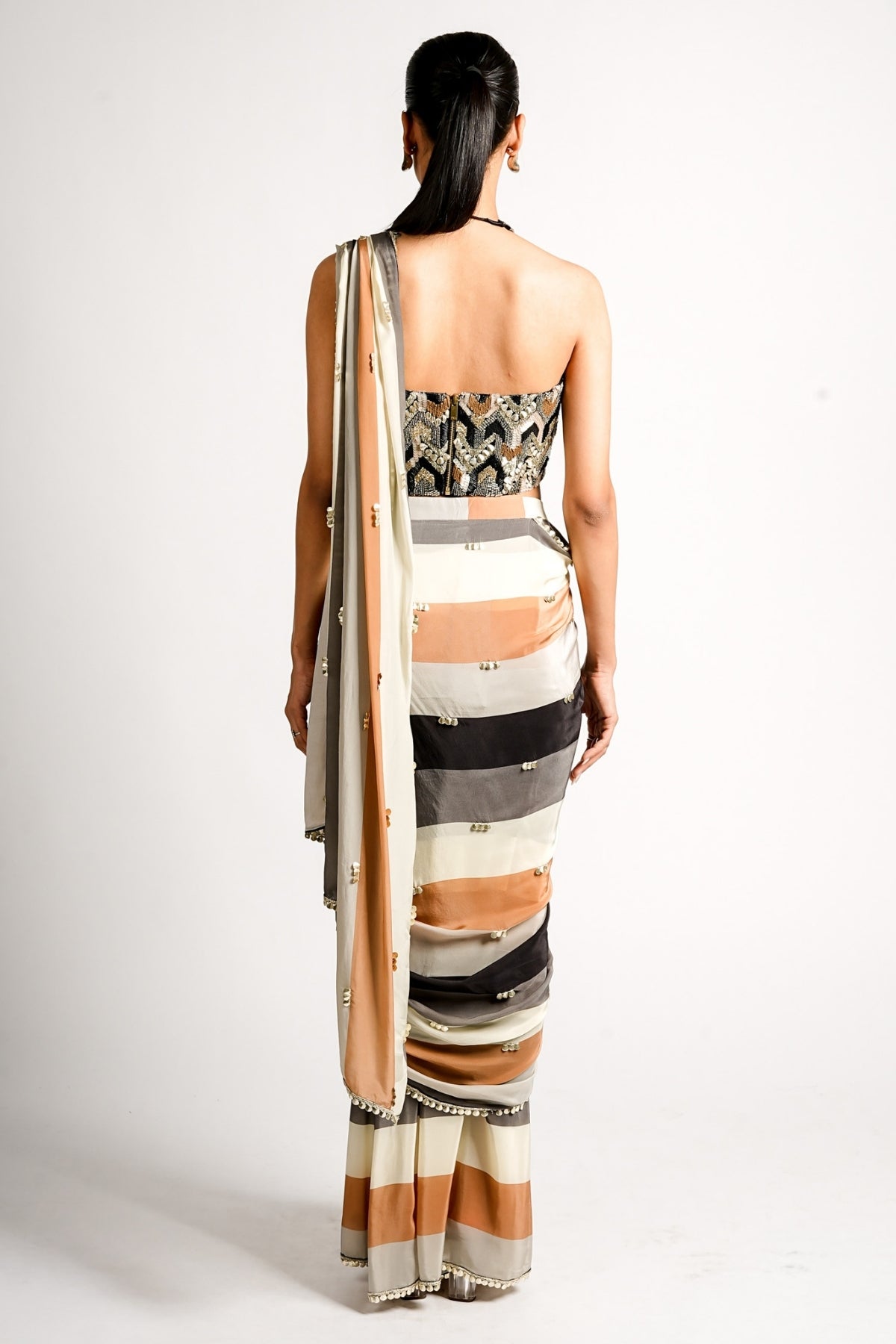 Aarza Striped Saree Set With Embellished Corset