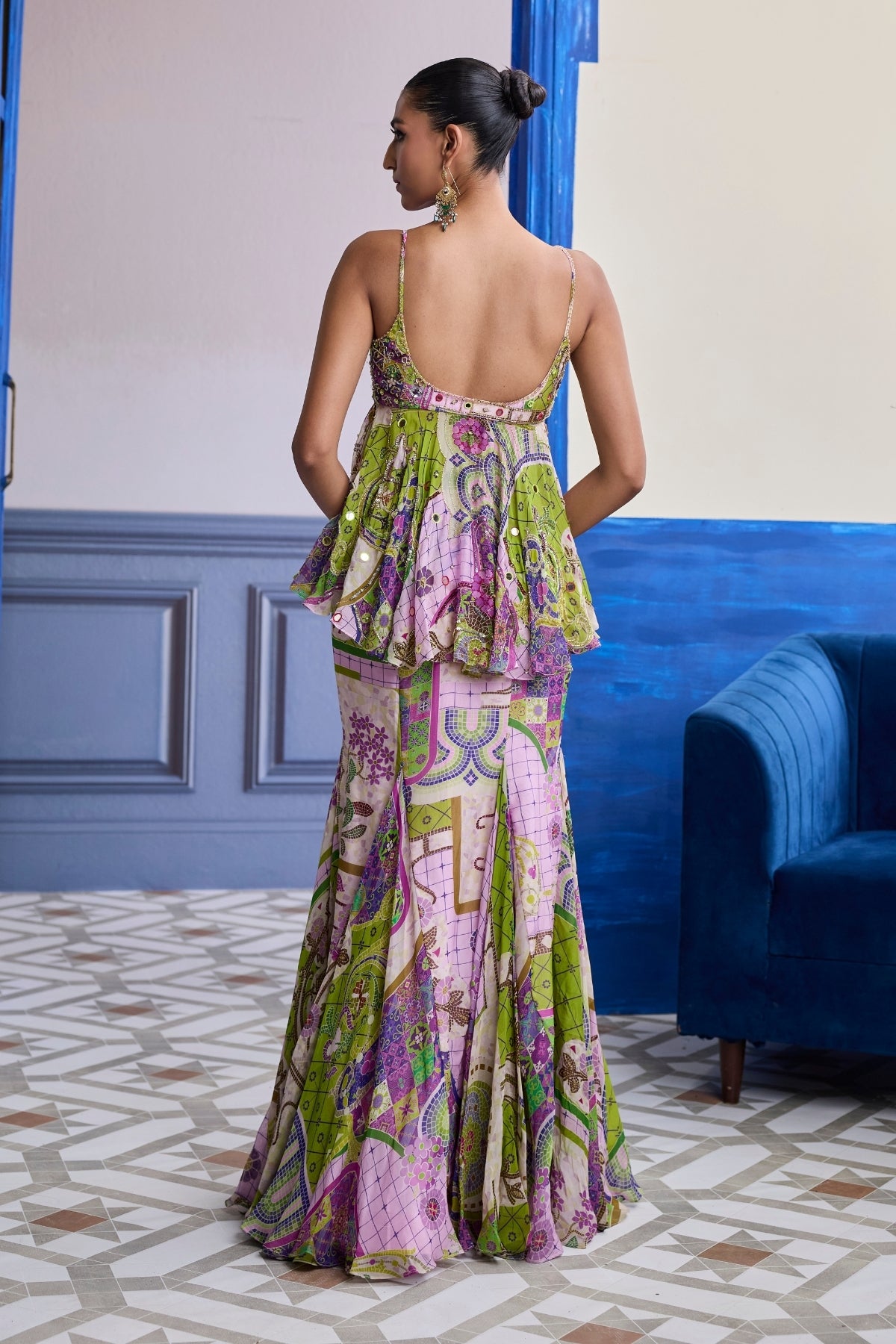 BUBBLEGUM MOSAIC PEPLUM WITH GODET MERMAID SKIRT & RUFFLE SCARF SET