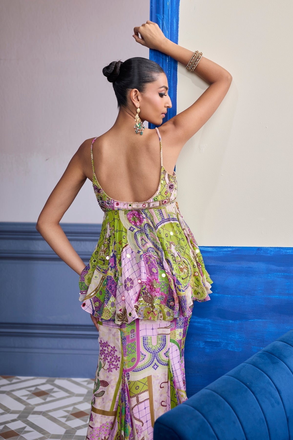 BUBBLEGUM MOSAIC PEPLUM WITH GODET MERMAID SKIRT & RUFFLE SCARF SET