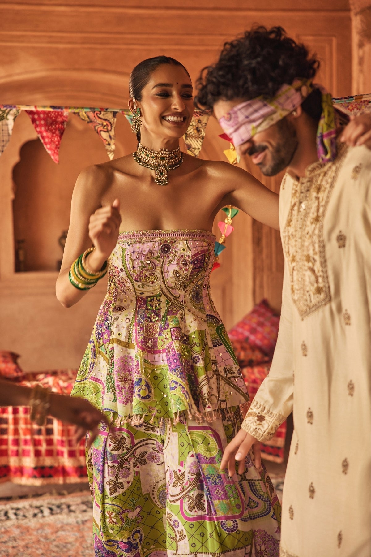BUBBLEGUM MOSAIC PEPLUM KURTI WITH BOX-PLEAT PANTS & DRAPED DUPATTA SET
