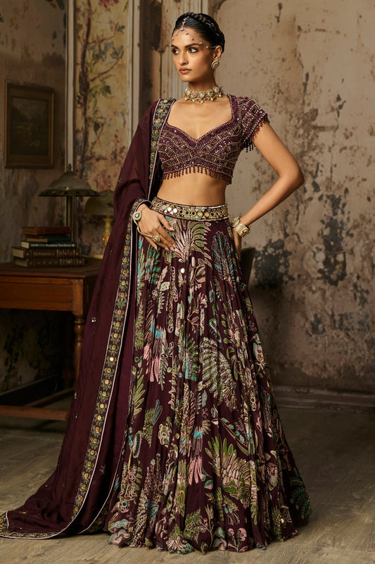 PLUM EMBROIDERED BLOUSE WITH PRINTED LEHENGA SET