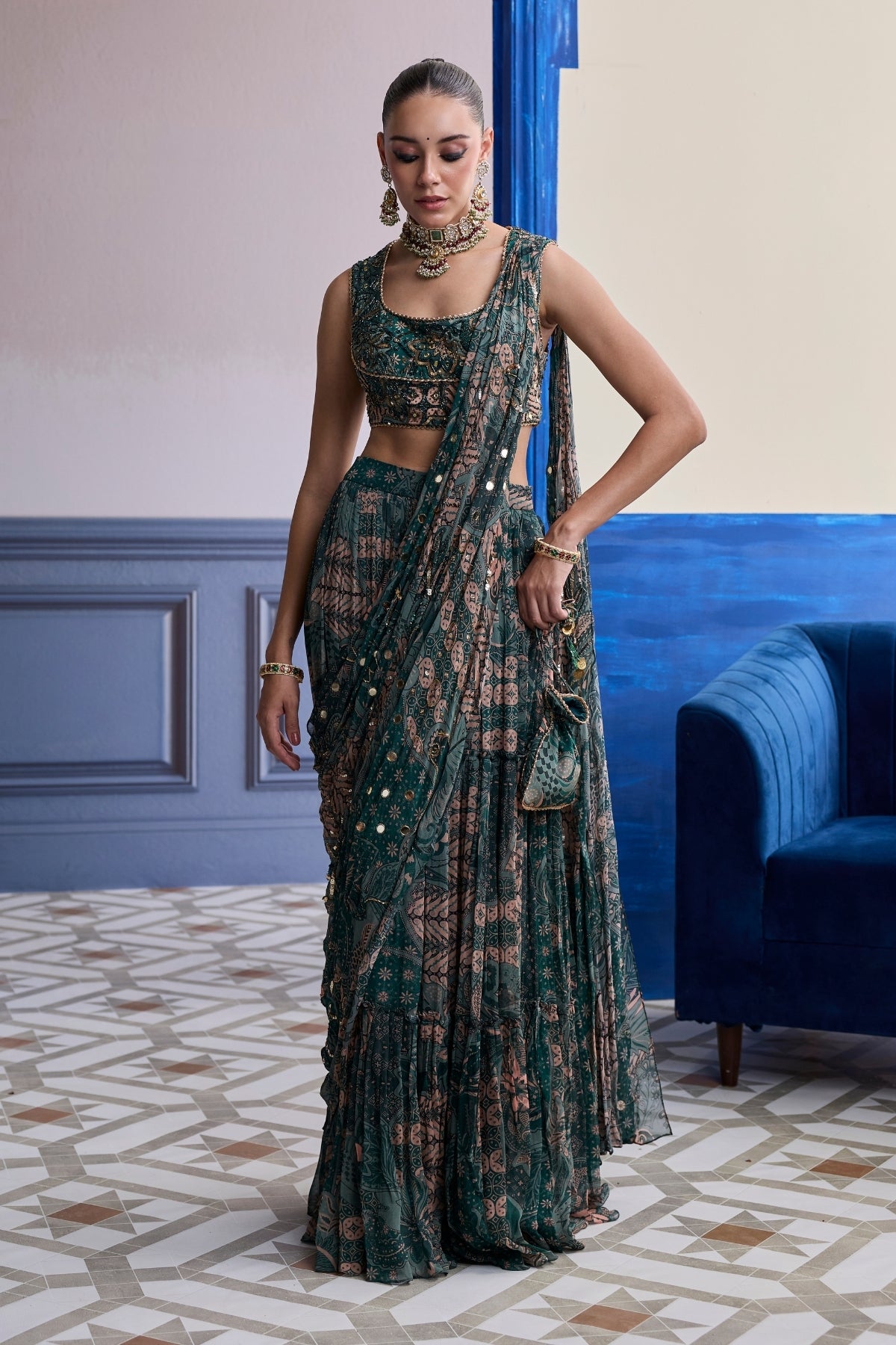 TEAL FLORAL BLOUSE WITH DRAPED TIERED SAREE SKIRT SET