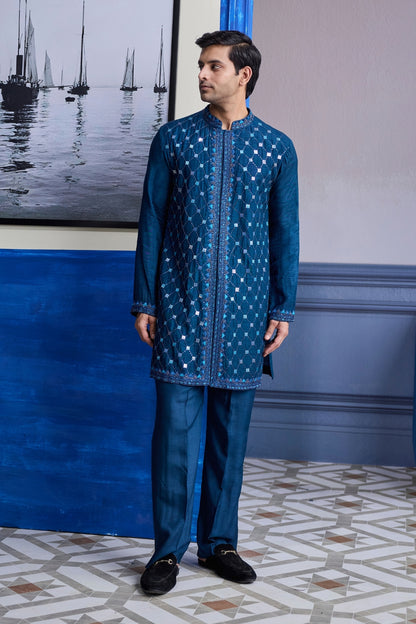 TEAL BLUE MIRROR EMBROIDERED KURTA PAIRED WITH PANTS