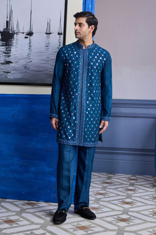 TEAL BLUE MIRROR EMBROIDERED KURTA PAIRED WITH PANTS