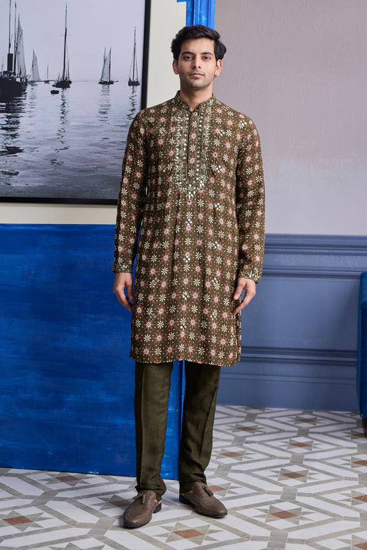 OLIVE BUTTA HIGHLIGHTED KURTA WITH SOLID PANTS
