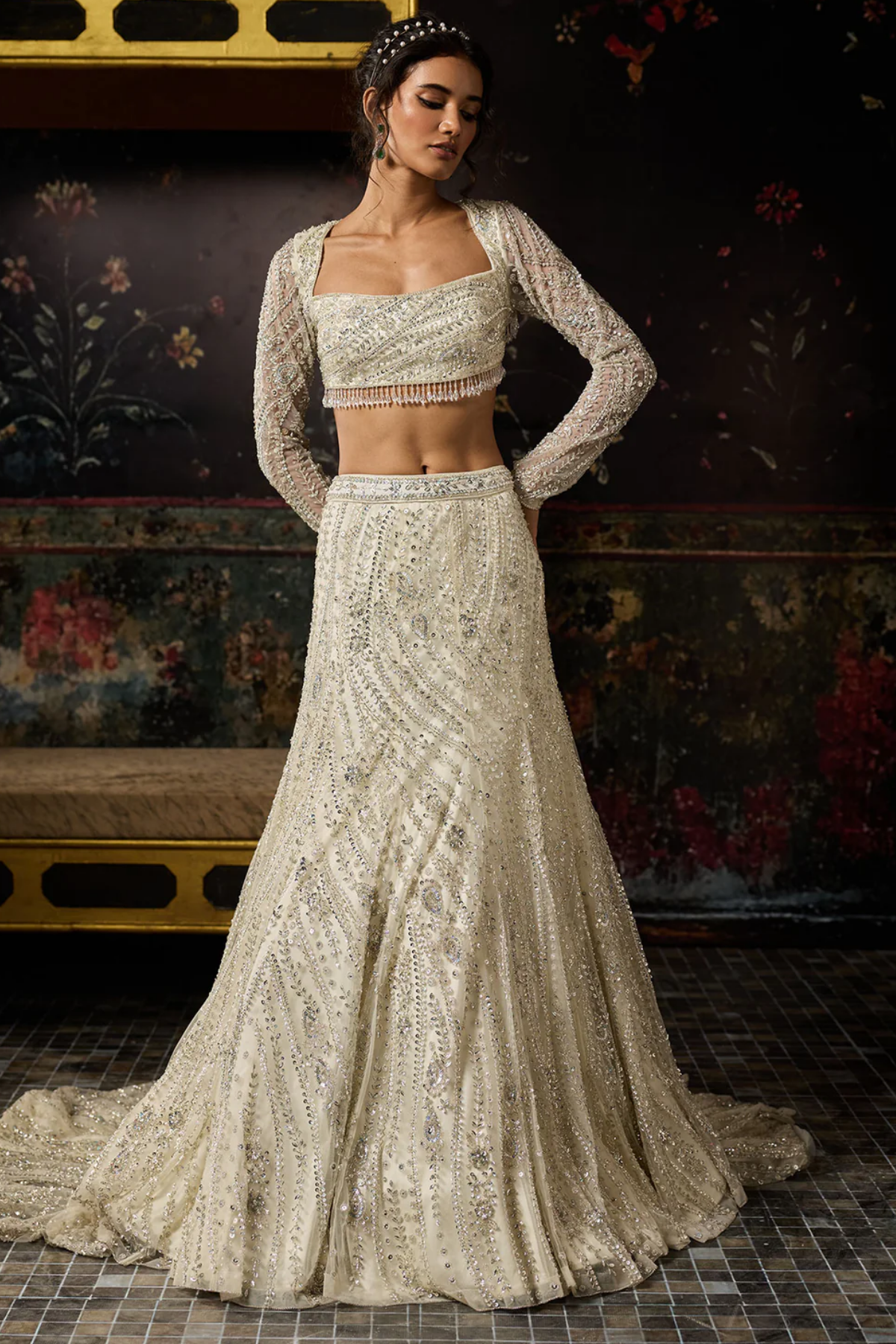 SILVER FULLY EMBELLISHED LONG TRAIL LEHENGA SET