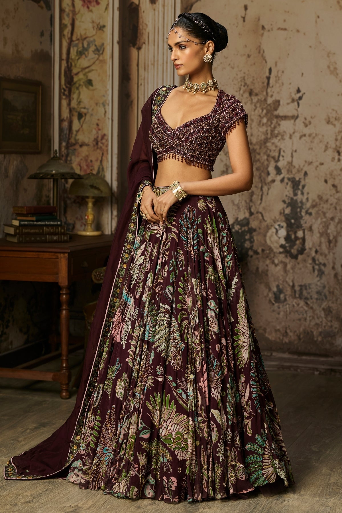 PLUM EMBROIDERED BLOUSE WITH PRINTED LEHENGA SET