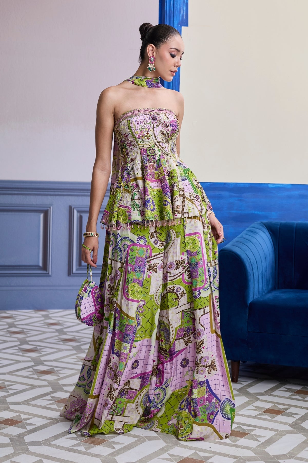 BUBBLEGUM MOSAIC PEPLUM KURTI WITH BOX-PLEAT PANTS & DRAPED DUPATTA SET