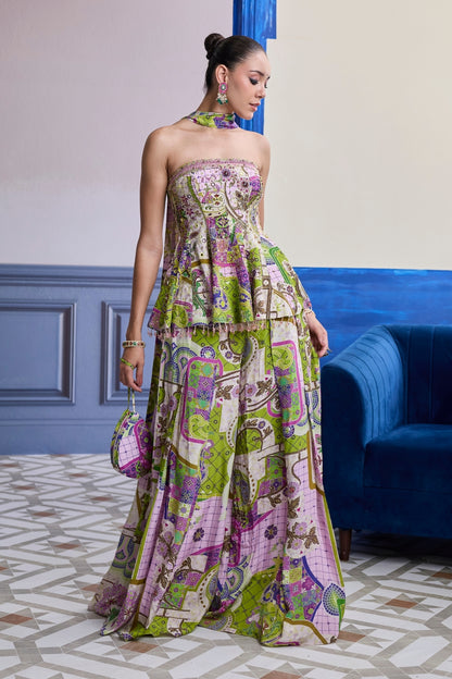 BUBBLEGUM MOSAIC PEPLUM KURTI WITH BOX-PLEAT PANTS & DRAPED DUPATTA SET