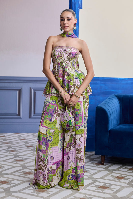 BUBBLEGUM MOSAIC PEPLUM KURTI WITH BOX-PLEAT PANTS & DRAPED DUPATTA SET