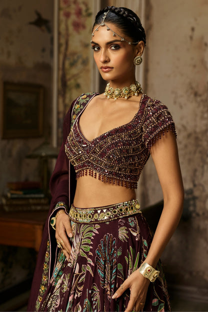 PLUM EMBROIDERED BLOUSE WITH PRINTED LEHENGA SET