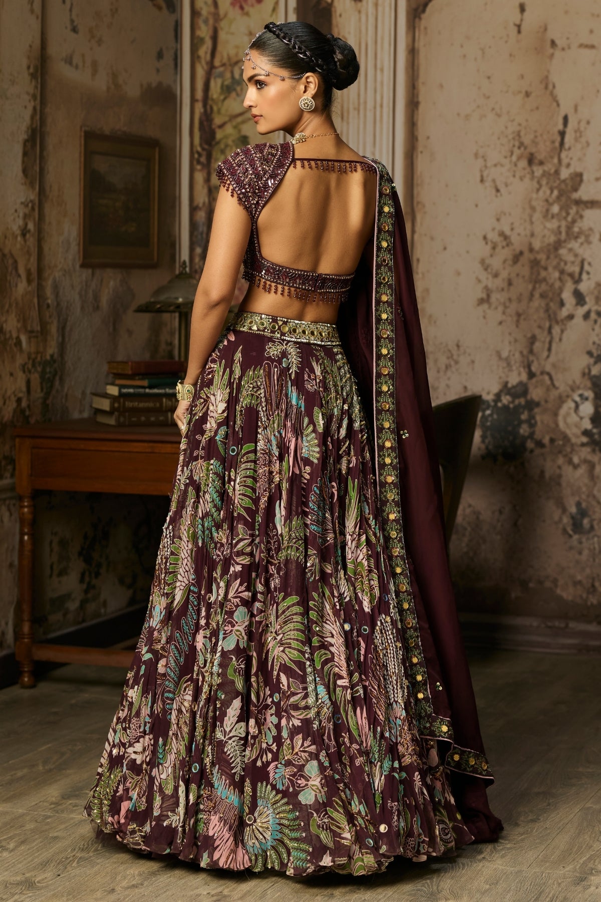 PLUM EMBROIDERED BLOUSE WITH PRINTED LEHENGA SET