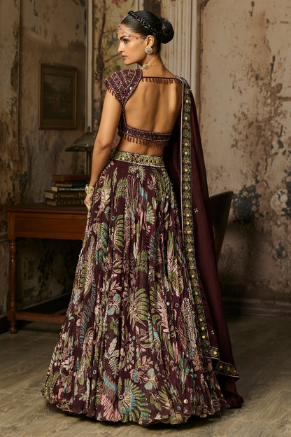 PLUM EMBROIDERED BLOUSE WITH PRINTED LEHENGA SET