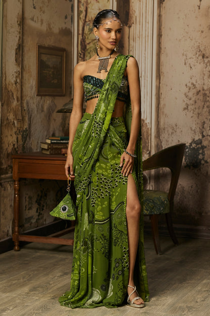 PEAR GREEN PRINTED AND HIGHLIGHTED PRE-DRAPED SLIT SKIRT SAREE SET