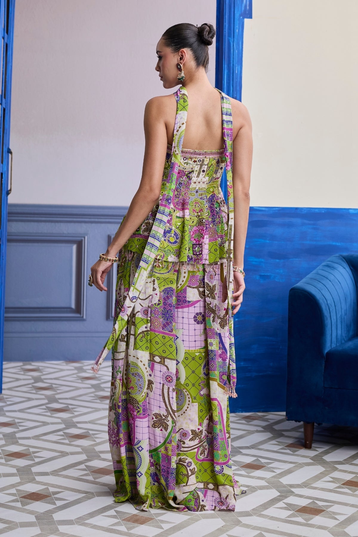 BUBBLEGUM MOSAIC PEPLUM KURTI WITH BOX-PLEAT PANTS & DRAPED DUPATTA SET
