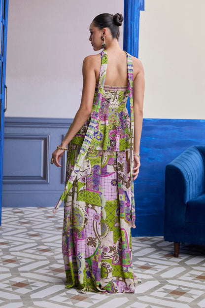 BUBBLEGUM MOSAIC PEPLUM KURTI WITH BOX-PLEAT PANTS & DRAPED DUPATTA SET