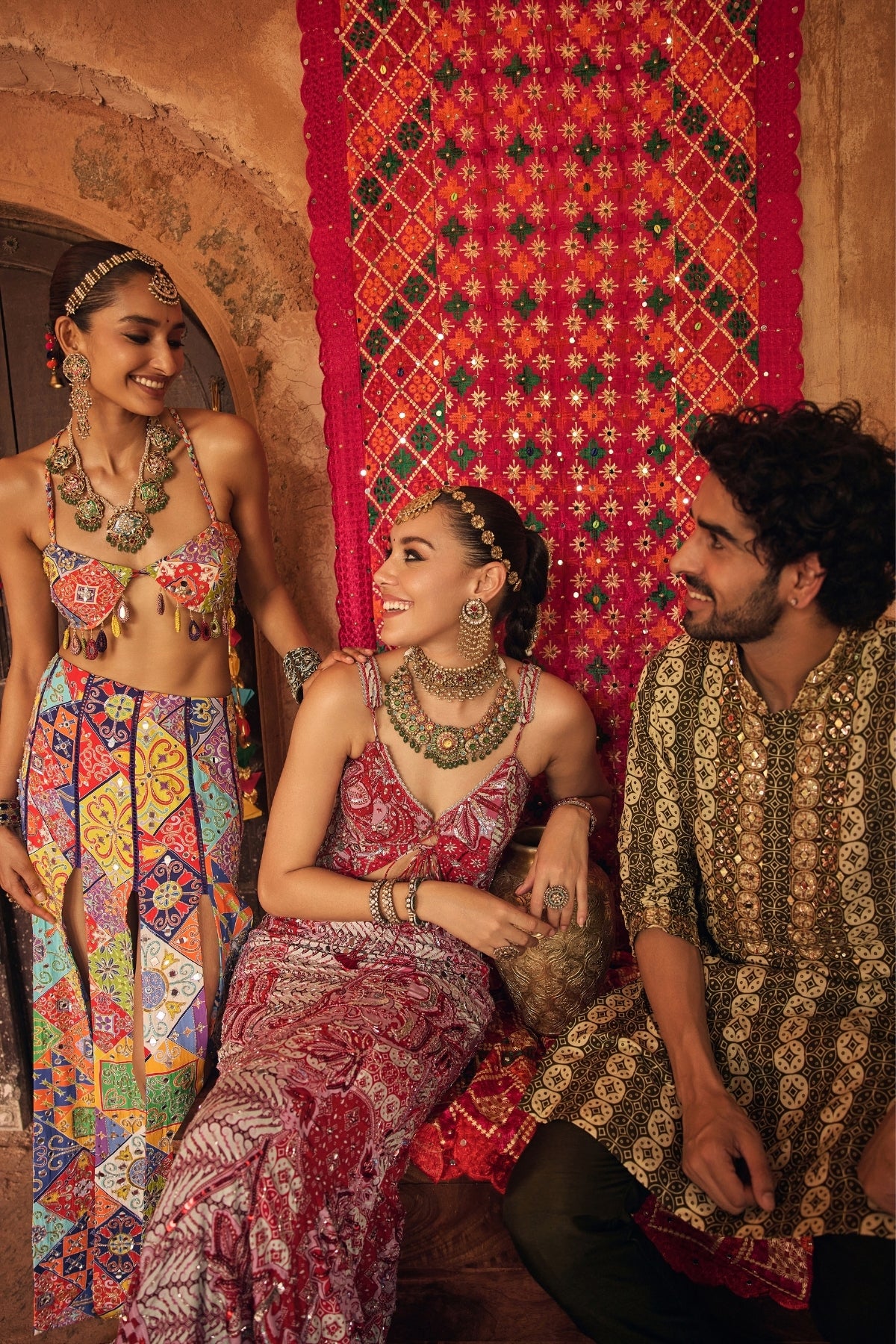 MULTICOLOUR MOSAIC CROP BLOUSE WITH MIRROR TASSELS & PANELLED SKIRT SET