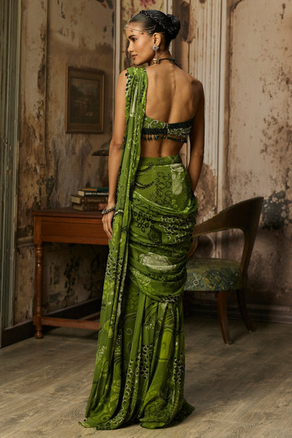 PEAR GREEN PRINTED AND HIGHLIGHTED PRE-DRAPED SLIT SKIRT SAREE SET