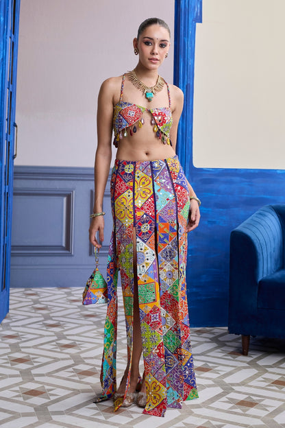MULTICOLOUR MOSAIC CROP BLOUSE WITH MIRROR TASSELS & PANELLED SKIRT SET