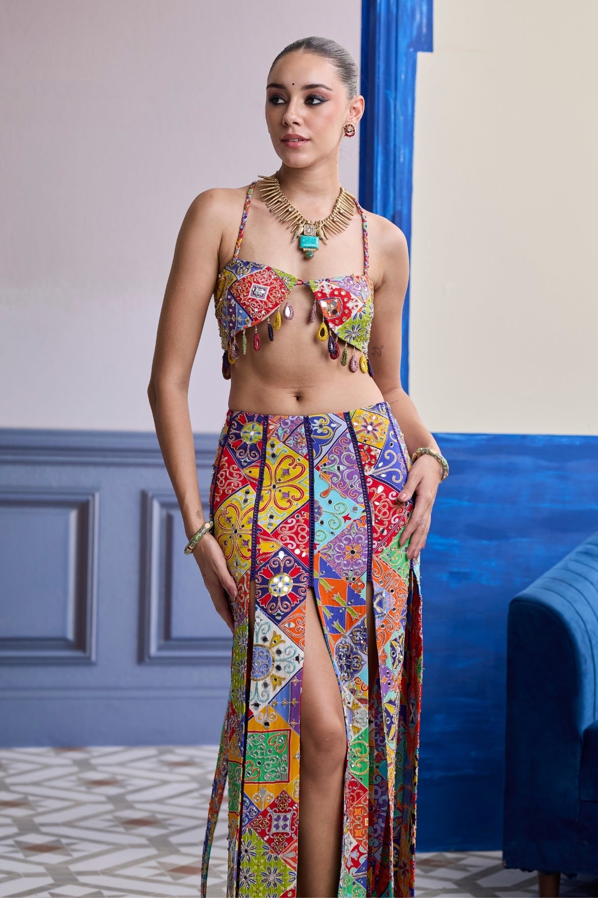 MULTICOLOUR MOSAIC CROP BLOUSE WITH MIRROR TASSELS & PANELLED SKIRT SET