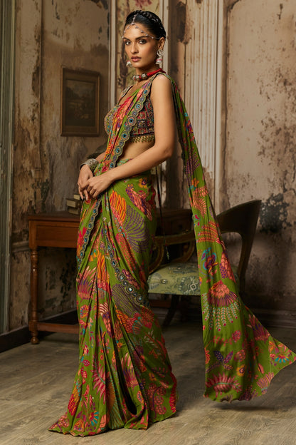 PEAR GREEN PRINTED AND HIGHLIGHTED DHOTI SKIRT SAREE SET