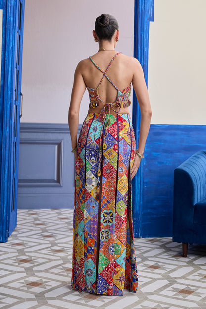 MULTICOLOUR MOSAIC CROP BLOUSE WITH MIRROR TASSELS & PANELLED SKIRT SET