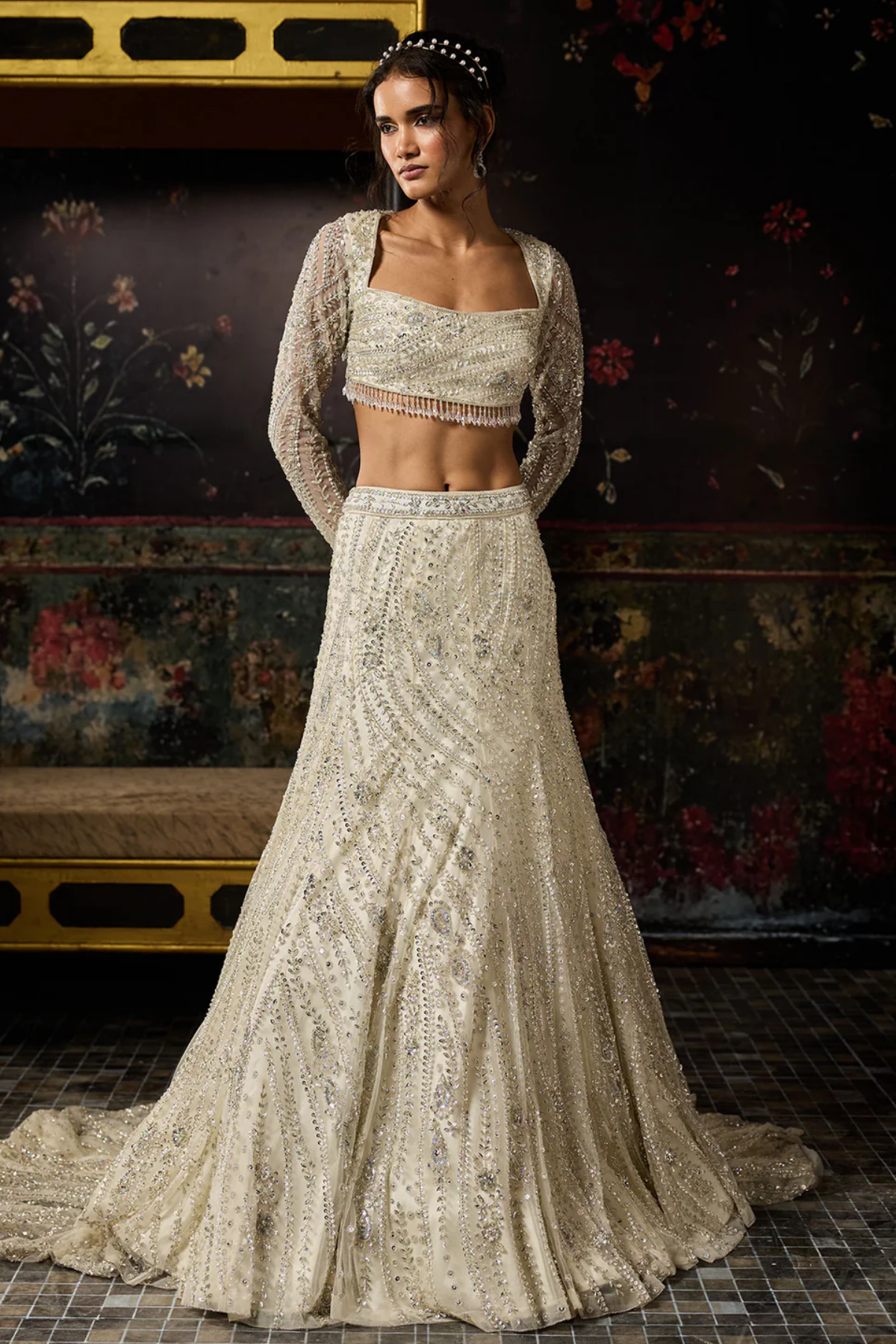 SILVER FULLY EMBELLISHED LONG TRAIL LEHENGA SET