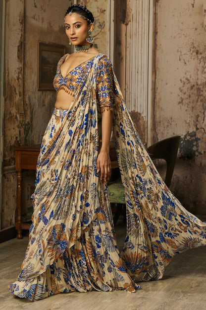 IVORY PRINTED AND HIGHLIGHTED SHARARA PANTS SAREE SET