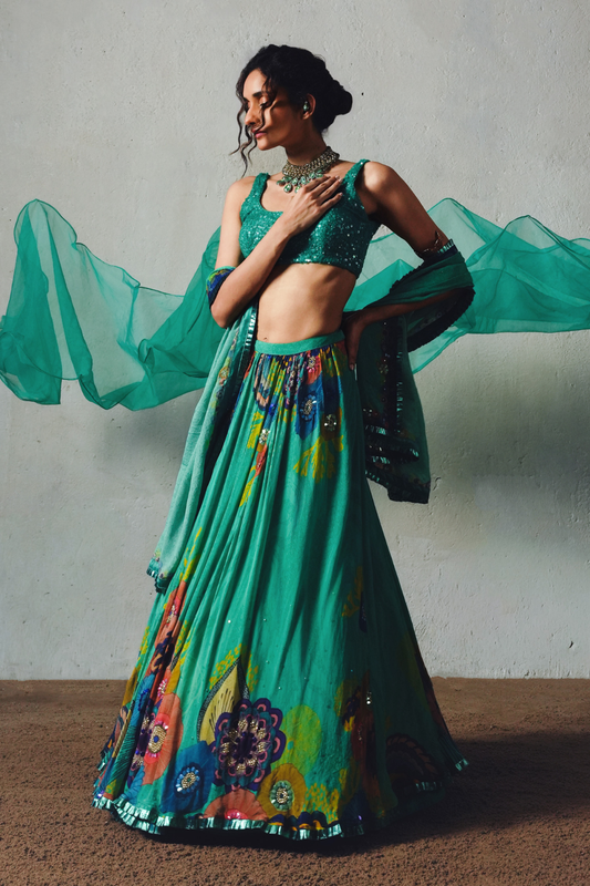 Aqua Chiffon Lehenga Set
