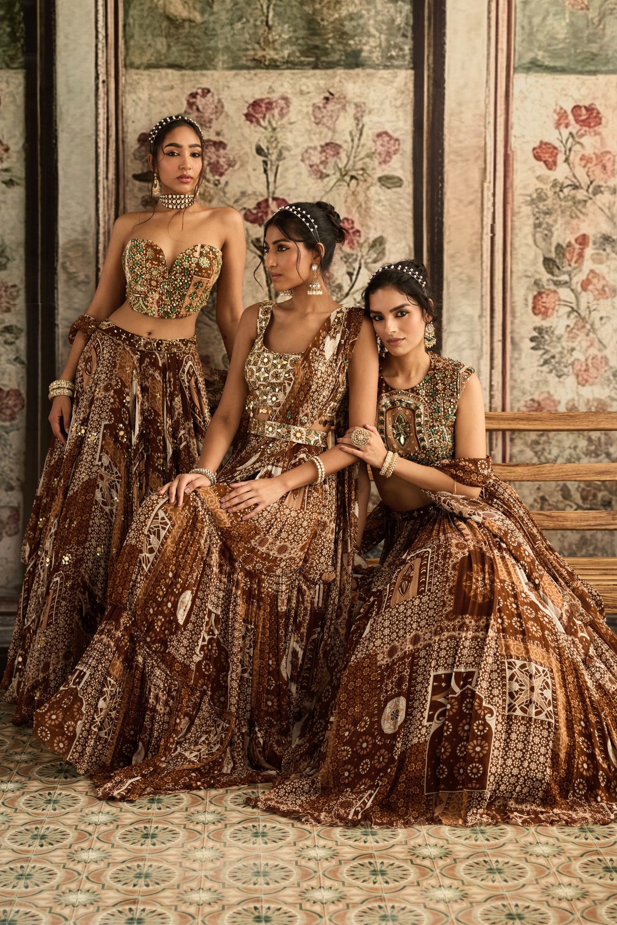 CARAMEL PRINT AND HIGHLIGHTED CORSET TOP WITH LEHENGA SET