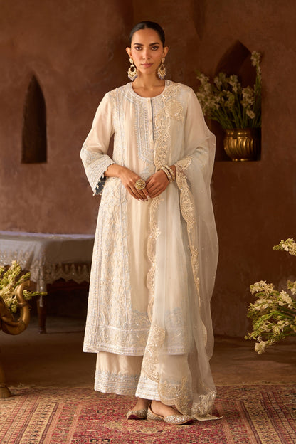 Ena - Daisy Ivory With Blue Long A-line Kurta With Palazzo And Dupatta