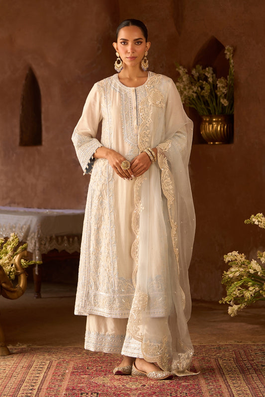 Ena - Daisy Ivory With Blue Long A-line Kurta With Palazzo And Dupatta