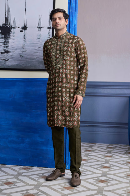 OLIVE BUTTA HIGHLIGHTED KURTA WITH SOLID PANTS