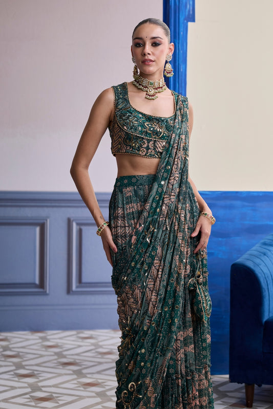 TEAL FLORAL BLOUSE WITH DRAPED TIERED SAREE SKIRT SET