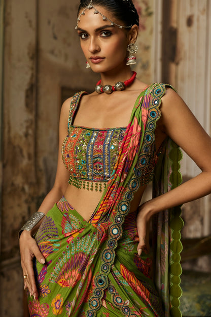 PEAR GREEN PRINTED AND HIGHLIGHTED DHOTI SKIRT SAREE SET