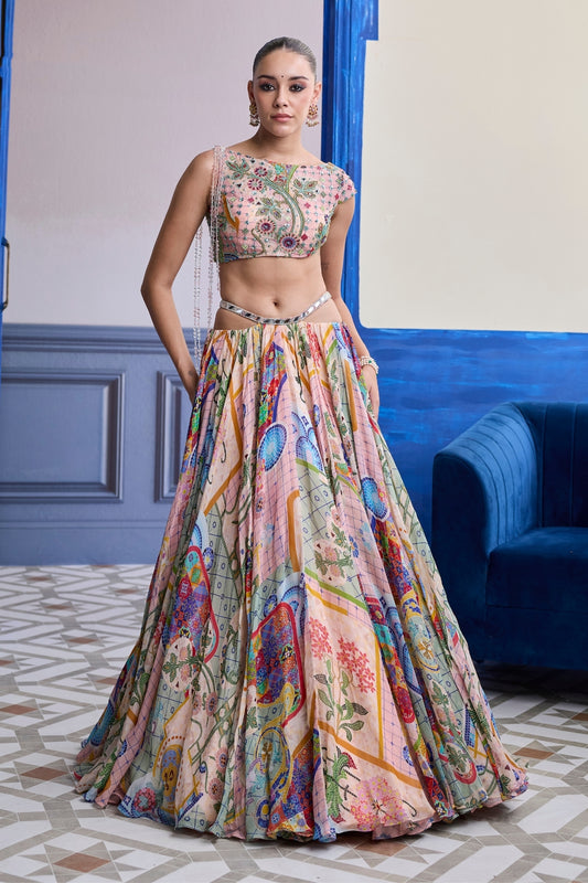 BLUSH PINK MOSAIC ASYMMETRIC BLOUSE WITH TASSELS & PRINTED SKIRT SET