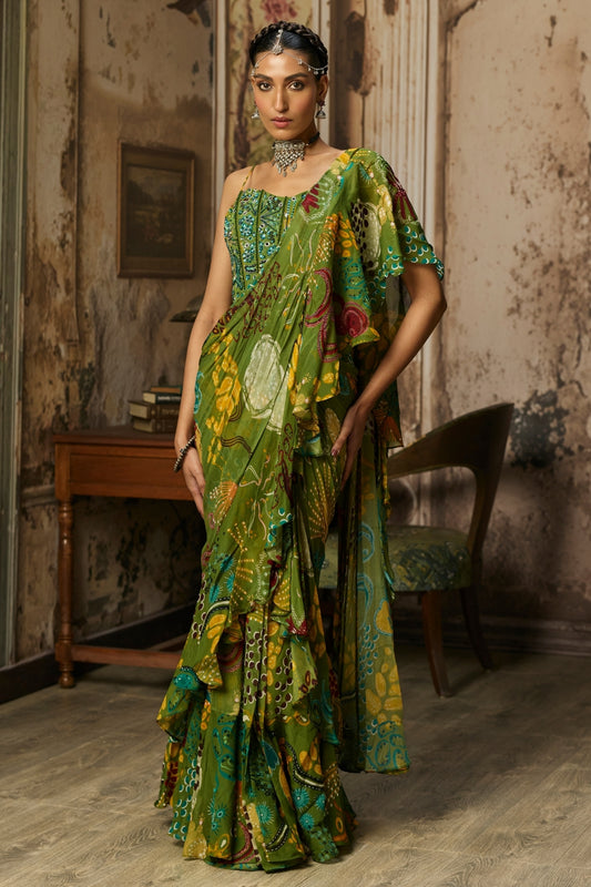 PEAR GREEN PRINTED AND HIGHLIGHTED RUFFLE SKIRT SAREE SET