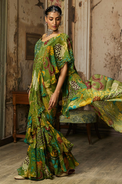 PEAR GREEN PRINTED AND HIGHLIGHTED RUFFLE SKIRT SAREE SET