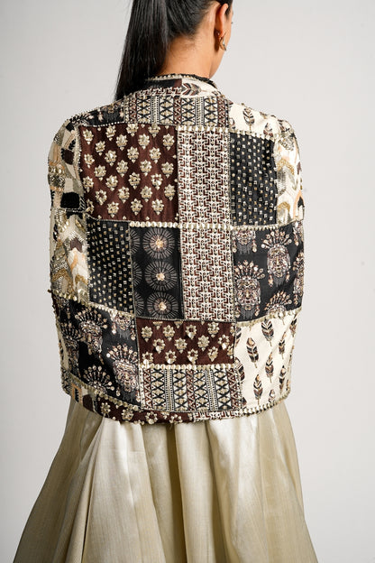 Sera Metallic Lehenga With Bustier and Patchwork Cape Jacket