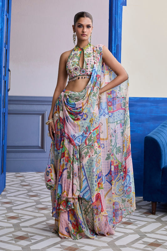 BLUSH PINK MOSAIC HALTER BLOUSE WITH DRAPED COWL SKIRT SAREE SET