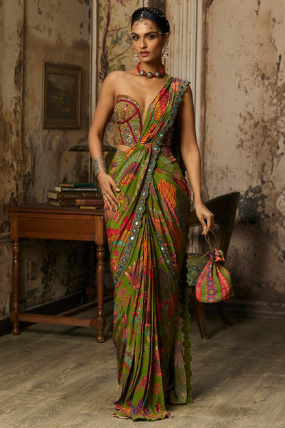 PEAR GREEN PRINTED AND HIGHLIGHTED DHOTI SKIRT SAREE SET