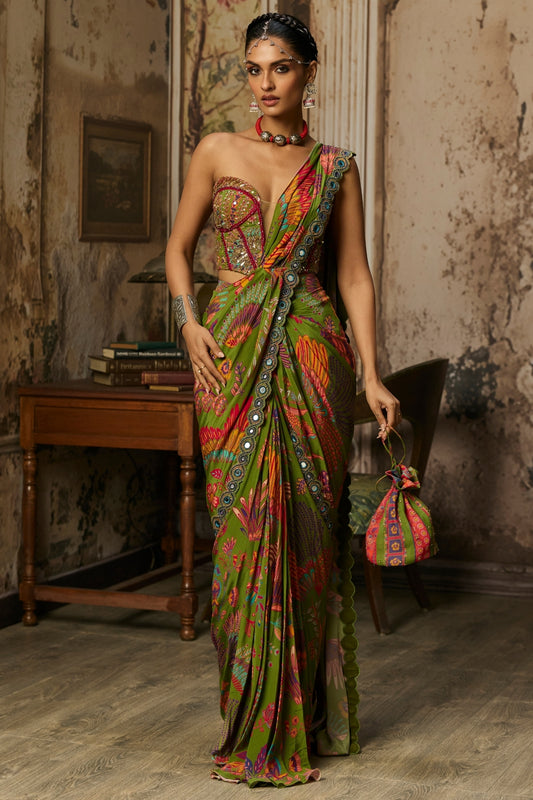 PEAR GREEN PRINTED AND HIGHLIGHTED DHOTI SKIRT SAREE SET