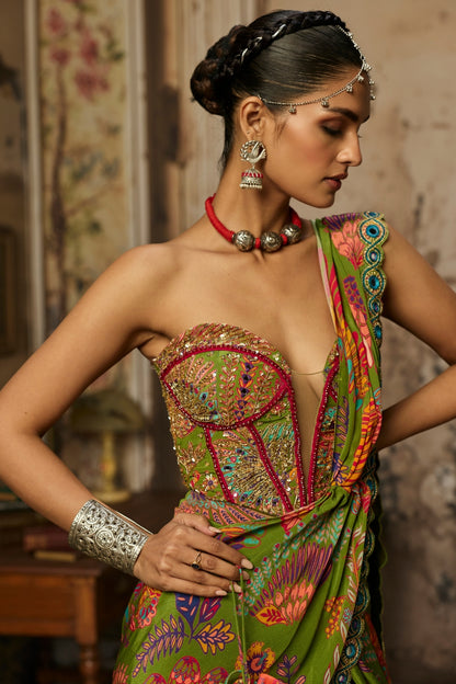 PEAR GREEN PRINTED AND HIGHLIGHTED DHOTI SKIRT SAREE SET