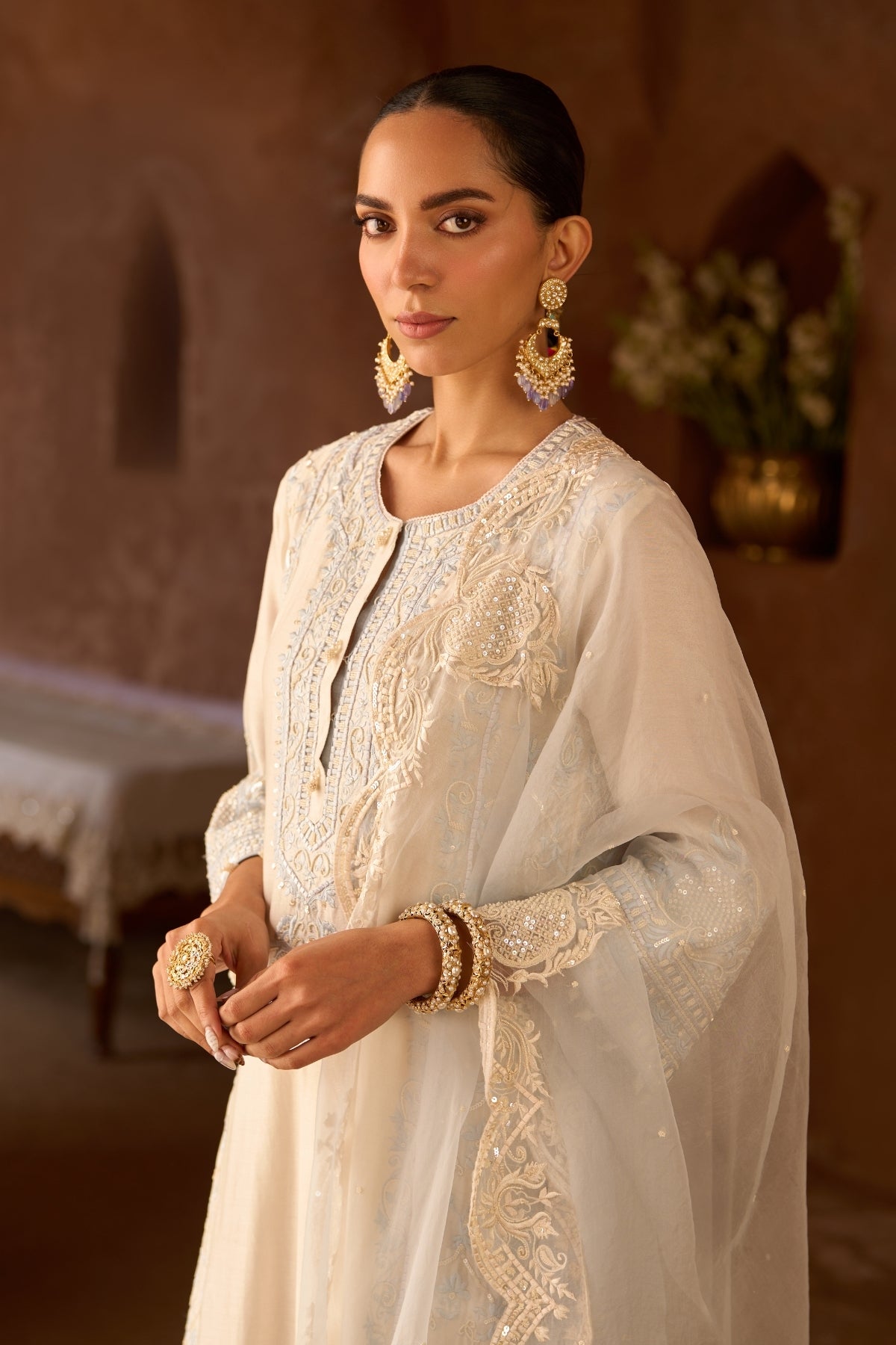 Ena - Daisy Ivory With Blue Long A-line Kurta With Palazzo And Dupatta